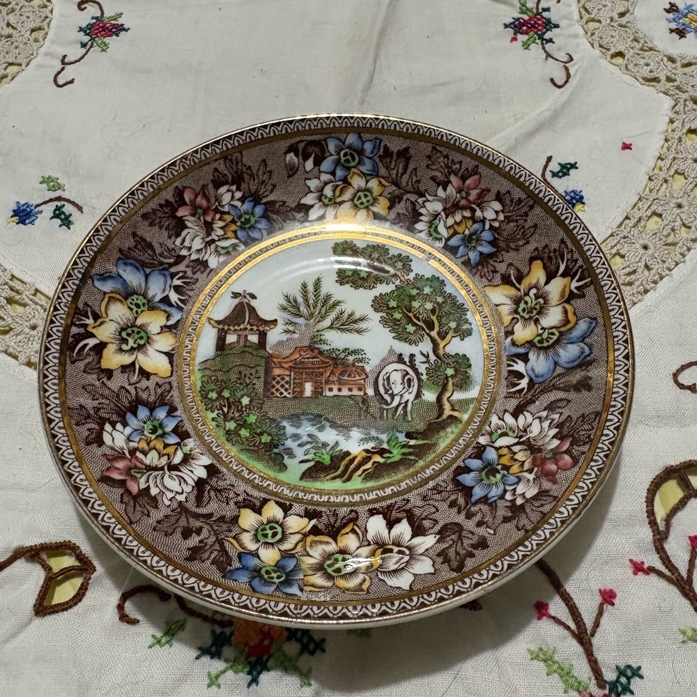 Vintage Brown and Blue Floral Serveware Plate with Pastoral Scene